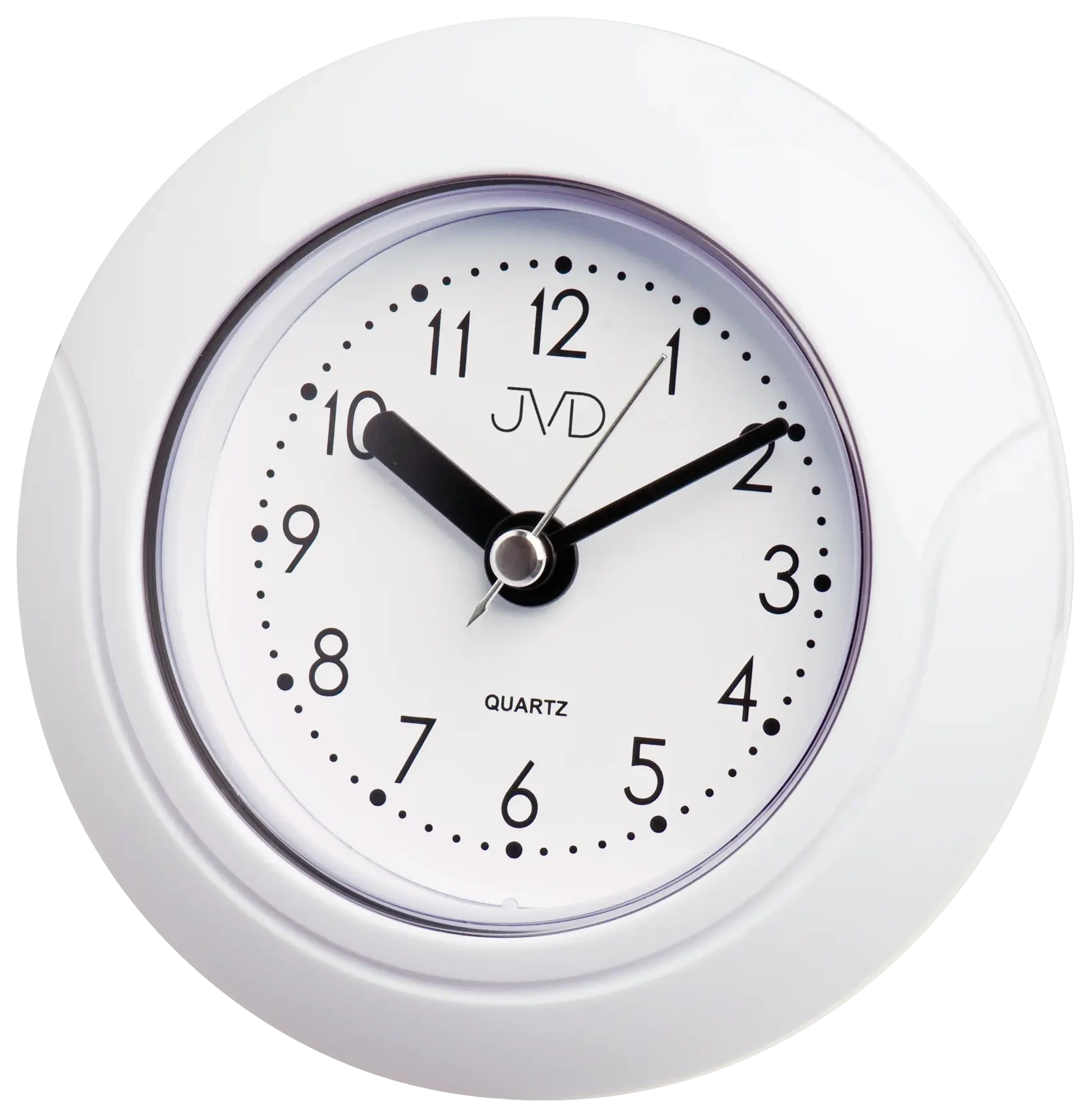 Horloge murale ronde avec boîtier en plastique blanc, cadran et aiguilles noirs, JVD