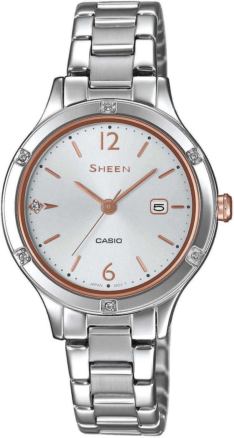 Casio SHEEN Montre Femme : bracelet argenté en acier inoxydable, cadran rond, aiguilles couleur or rose