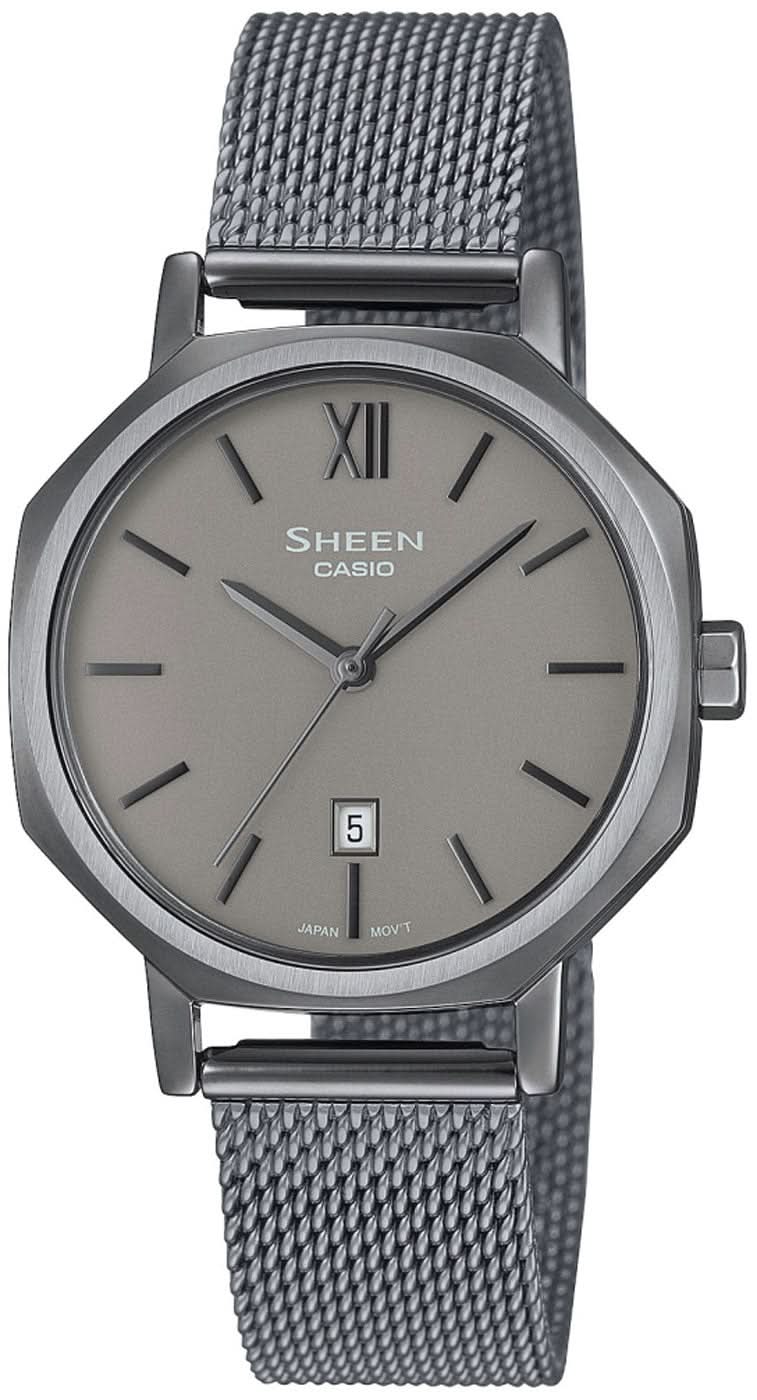 Damenuhr mit silberfarbenem Milanaise-Armband, rundem grauem Zifferblatt, Datum