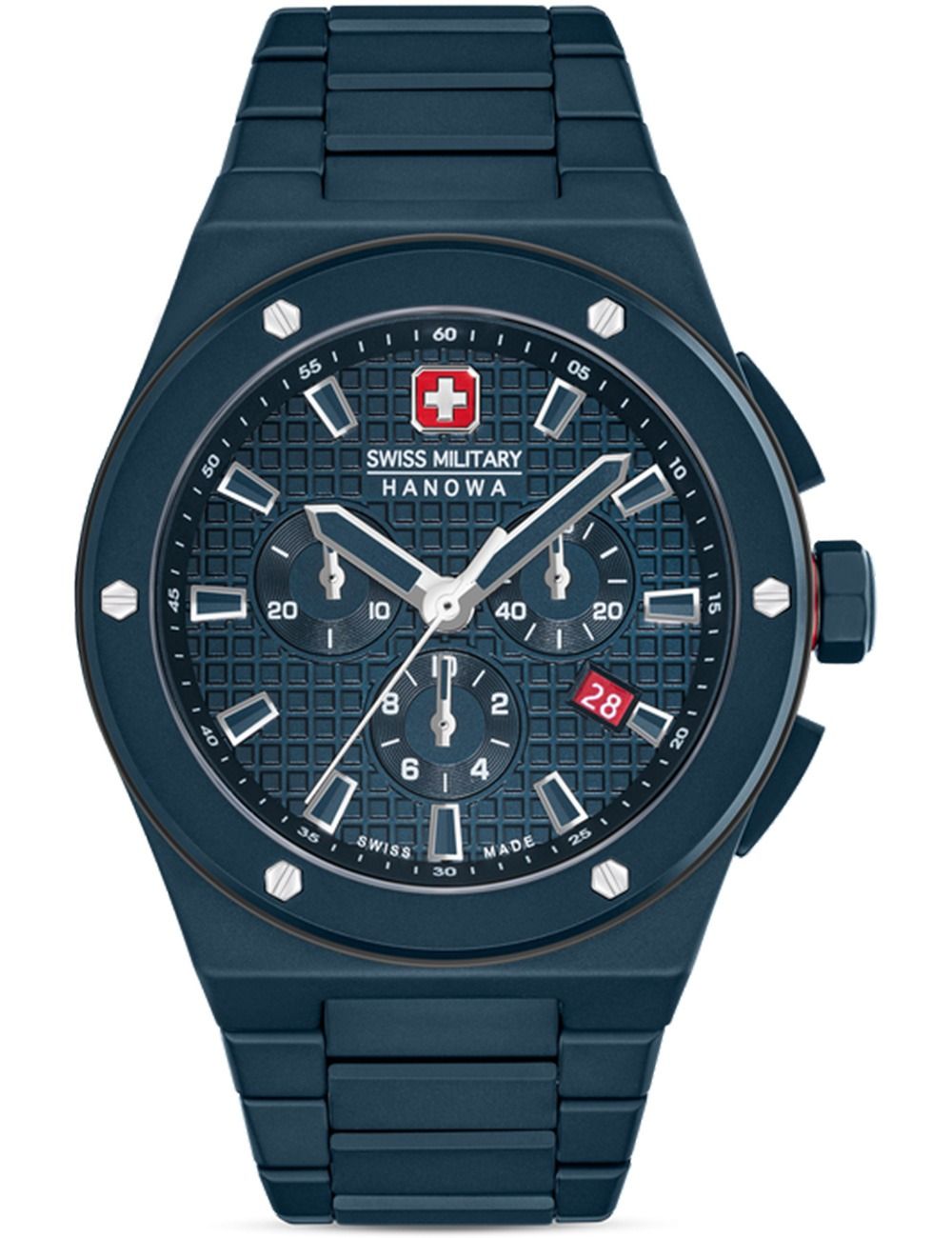 Herrenuhr mit Keramiklünette und Chronograph, dunkles blau-schwarzfarbenes Armband