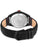 Rückseite einer Herrenarmbanduhr mit schwarzem Lederband und silbernem Edelstahlboden