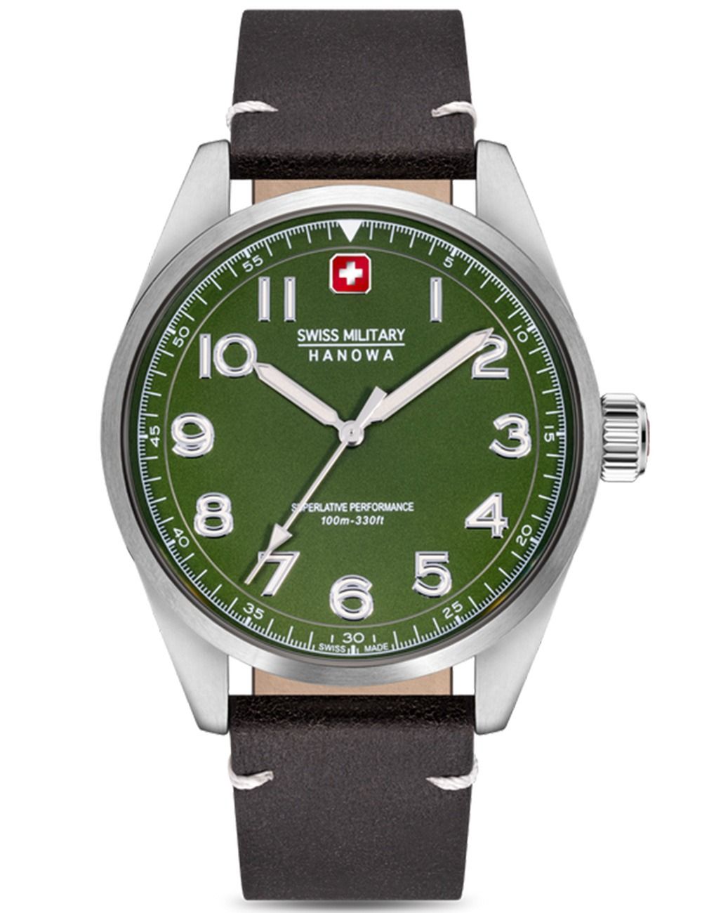 Herrenarmbanduhr mit grünem Zifferblatt, Lederband und Metallgehäuse, 42 mm