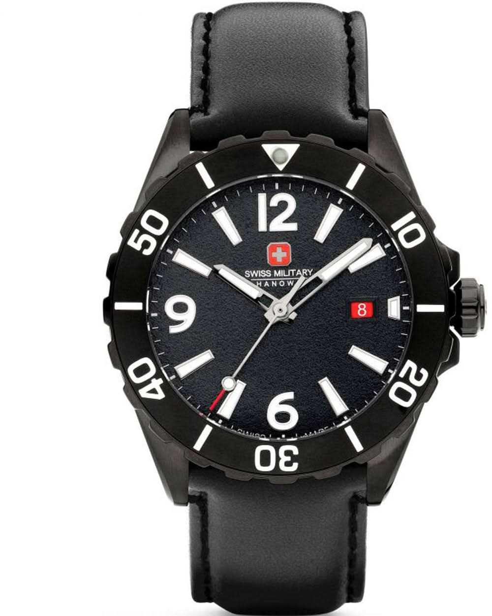 Montre homme avec bracelet en cuir noir, cadran noir et index luminescents, guichet date