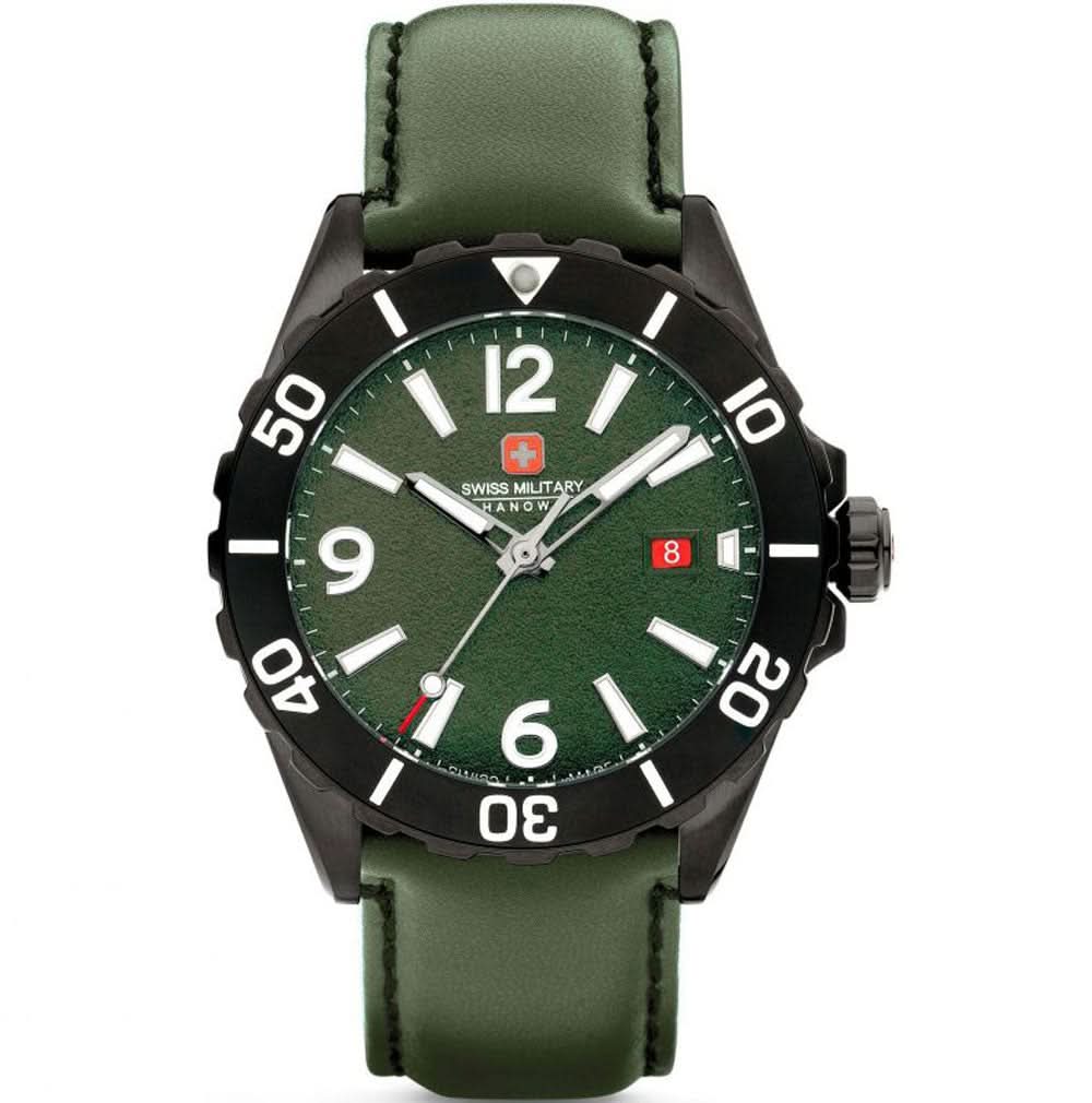 Herrenuhr mit grünem Zifferblatt, schwarzer Lünette und grünem Lederarmband