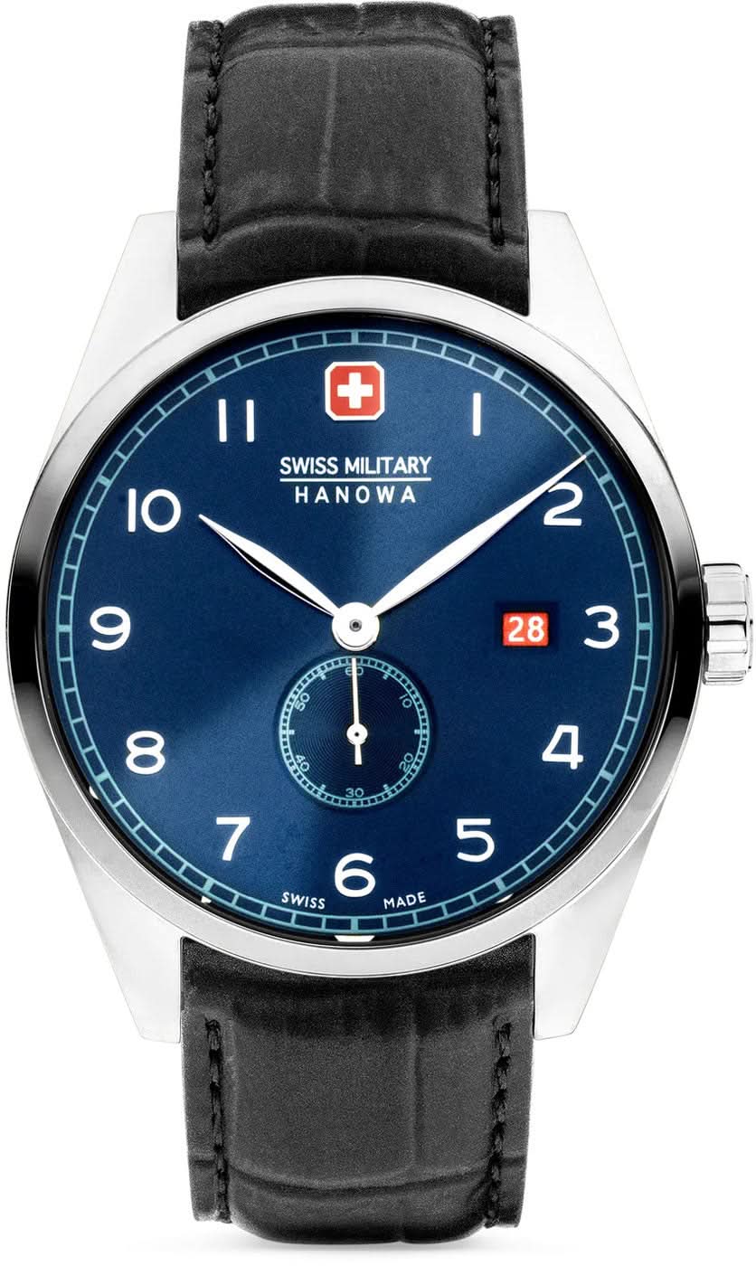 Montre homme avec bracelet en cuir noir, cadran bleu et boîtier argenté