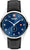 Montre homme avec bracelet en cuir noir, cadran bleu et boîtier argenté