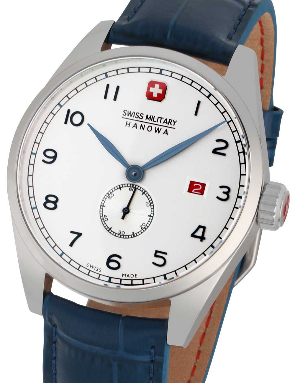 Herrenarmbanduhr: Edelstahlgehäuse, blaues Lederband, weißes Zifferblatt mit kleinem Zähler.