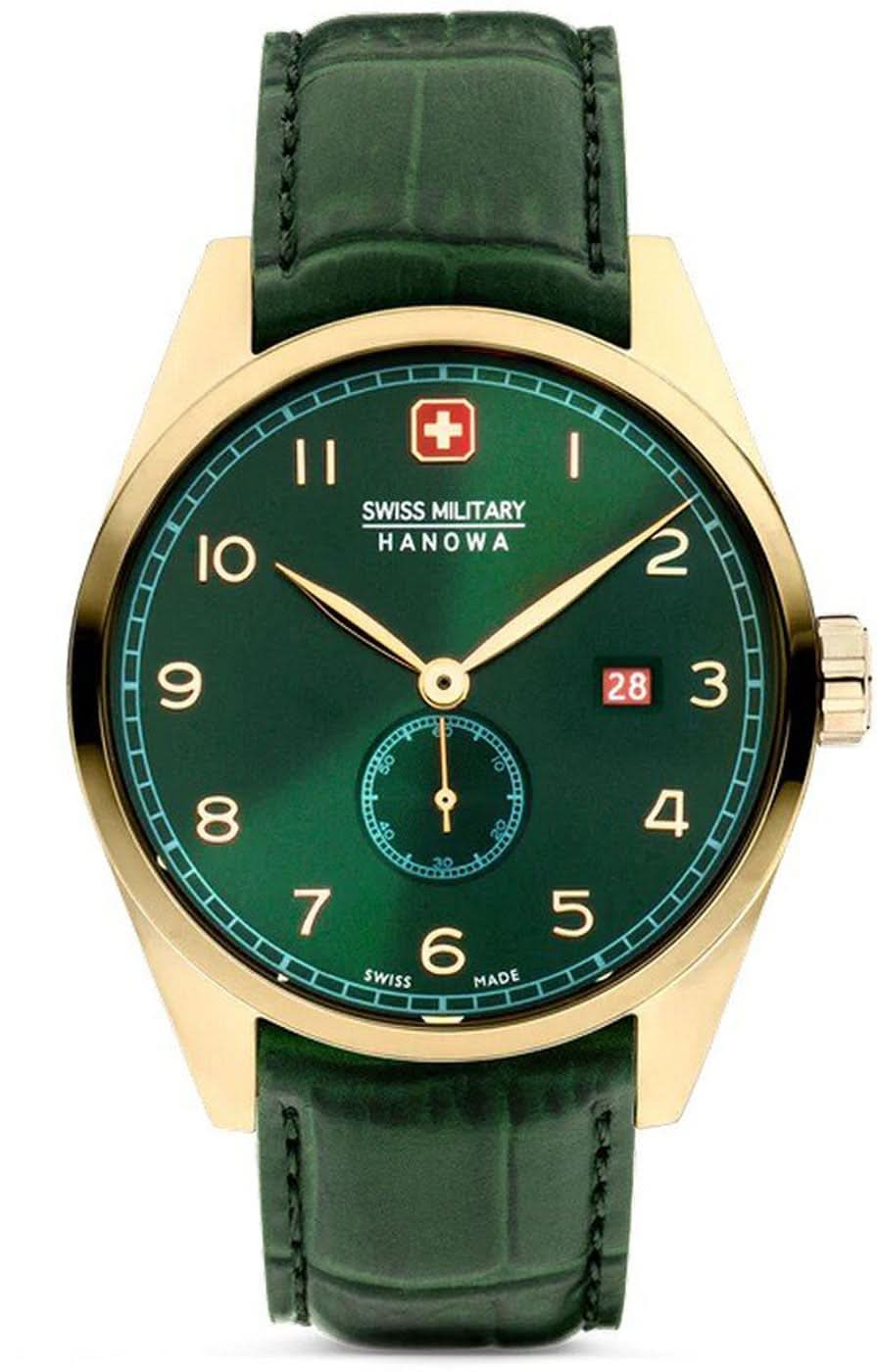 Herrenuhr mit goldenem Gehäuse, grünem Zifferblatt und Lederband, mit Datumsanzeige