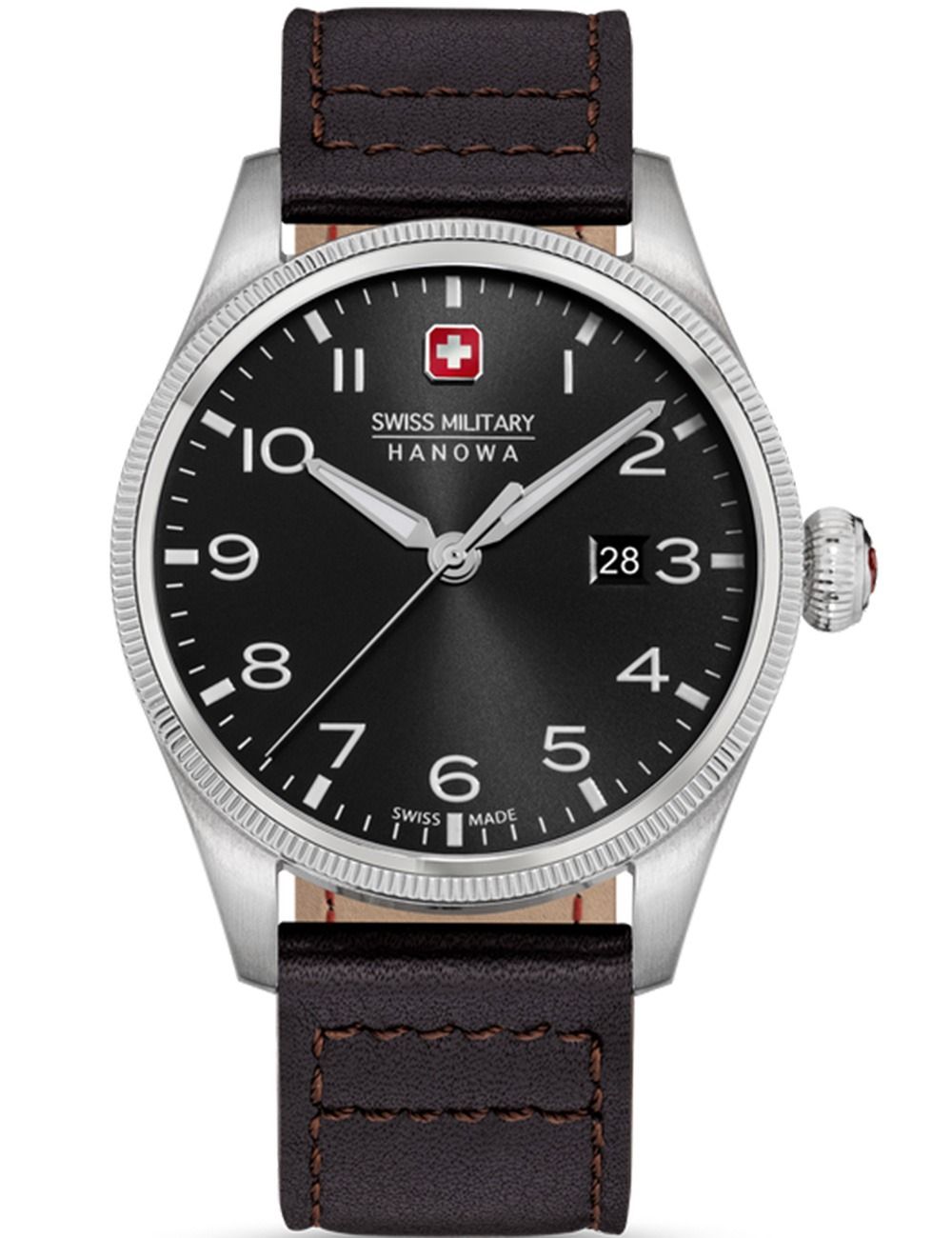 Herrenarmbanduhr mit schwarzem Zifferblatt, Lederarmband und silbernem Edelstahlgehäuse