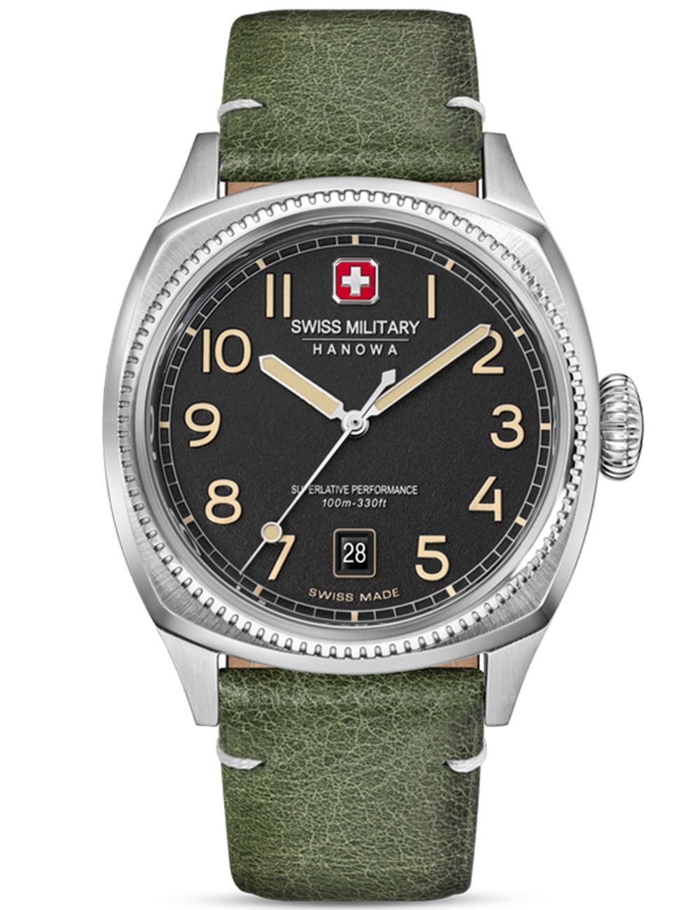 Herrenarmbanduhr mit grünem Lederband, Edelstahlgehäuse und schwarzem Zifferblatt