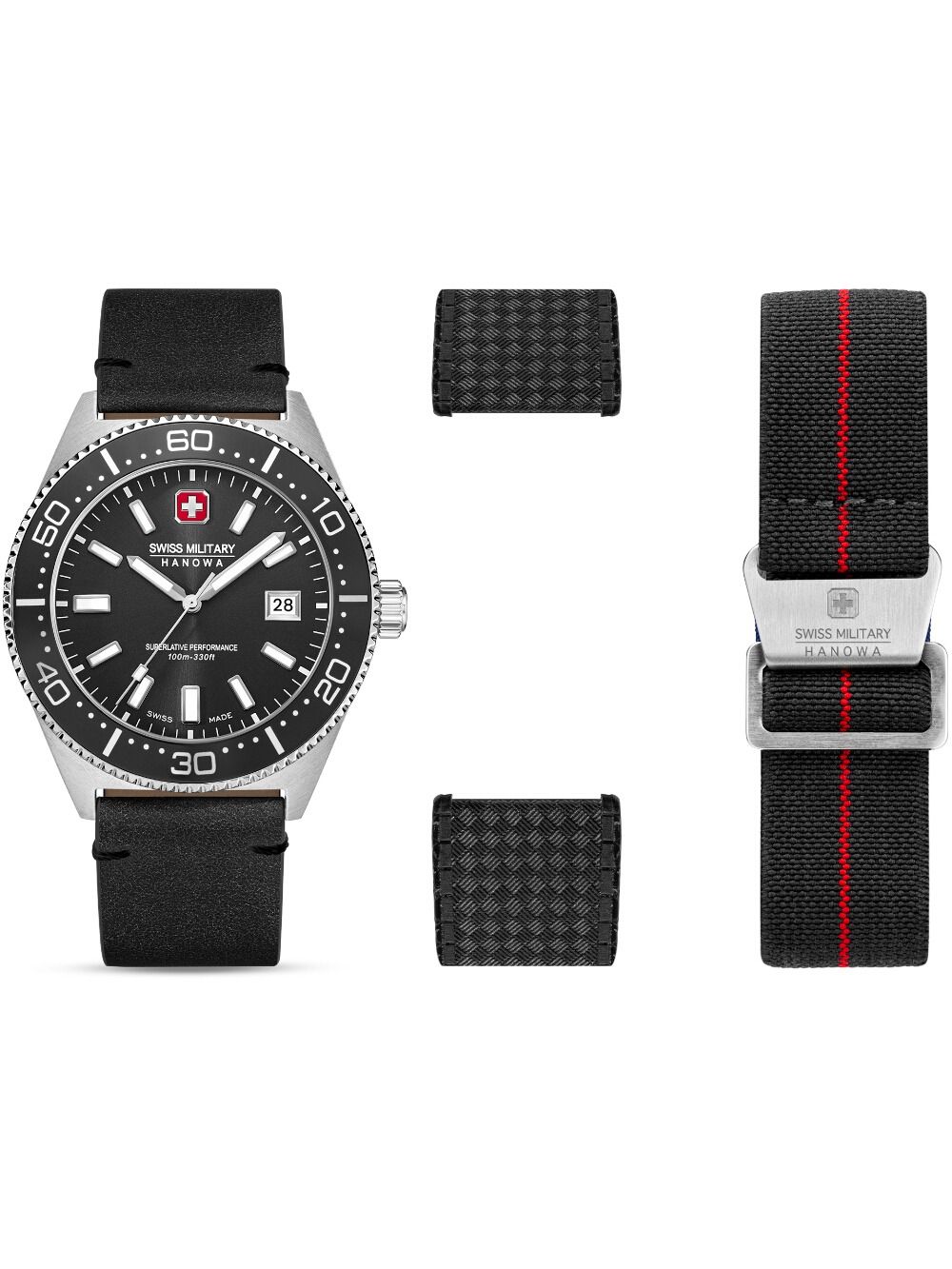 Swiss Military Hanowa Nomad Herrenuhr-Set: schwarze Uhr mit Wechselarmbändern, rot akzentuiert