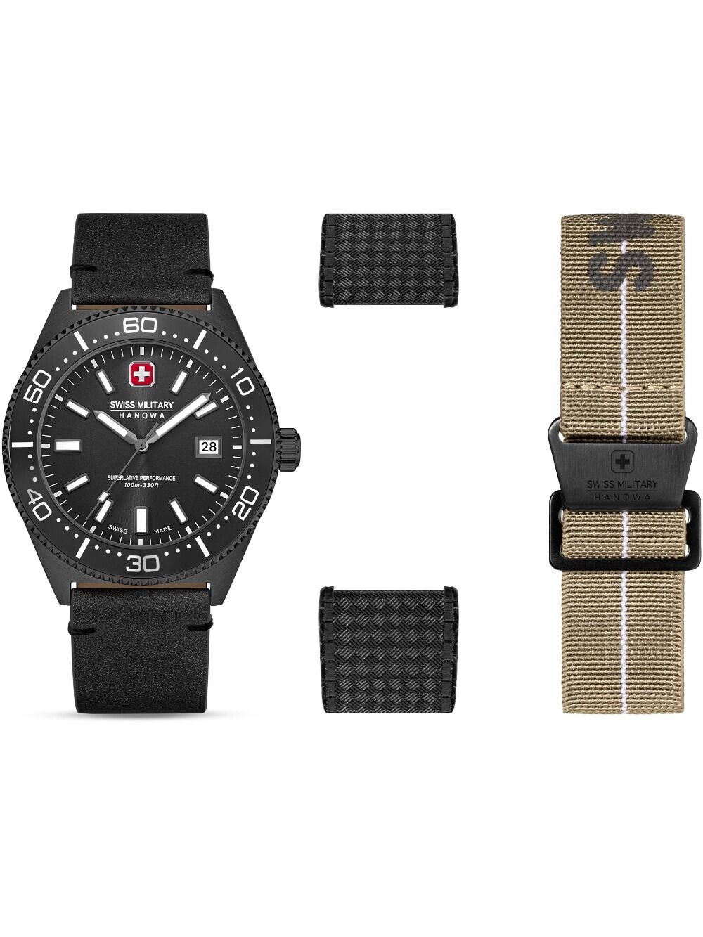 Herrenuhr mit schwarzem Zifferblatt, schwarzem Silikonarmband und Wechselarmbändern