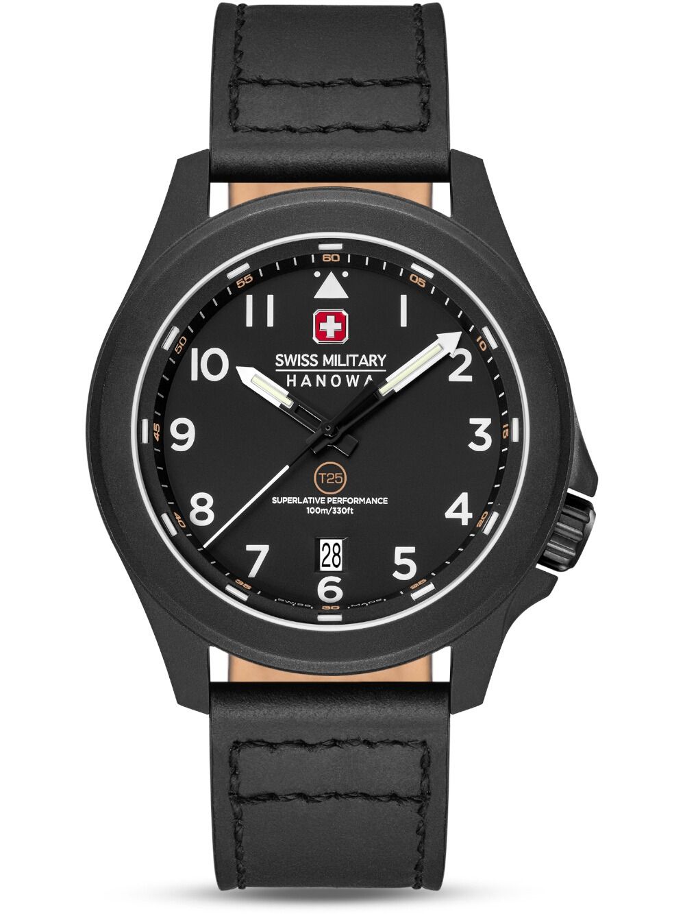 Herrenarmbanduhr mit schwarzem Zifferblatt, Datumsanzeige „28“ und schwarzem Lederarmband