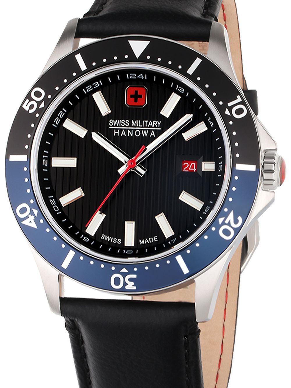 Herren-Armbanduhr mit schwarzem Zifferblatt, blauem Lünette und schwarzem Lederband