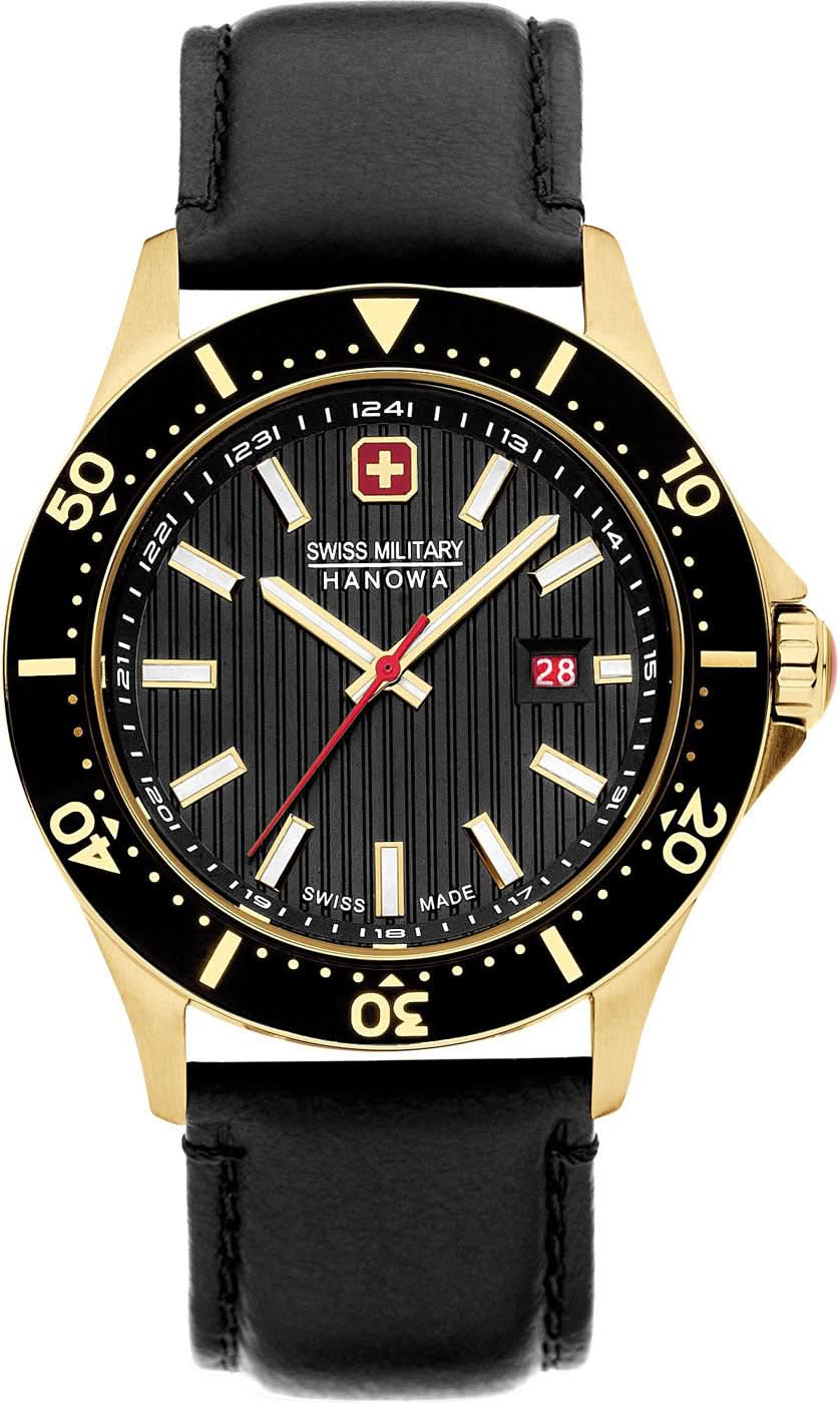Montre homme avec cadran noir, lunette dorée et bracelet en cuir noir