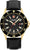 Montre homme avec cadran noir, lunette dorée et bracelet en cuir noir