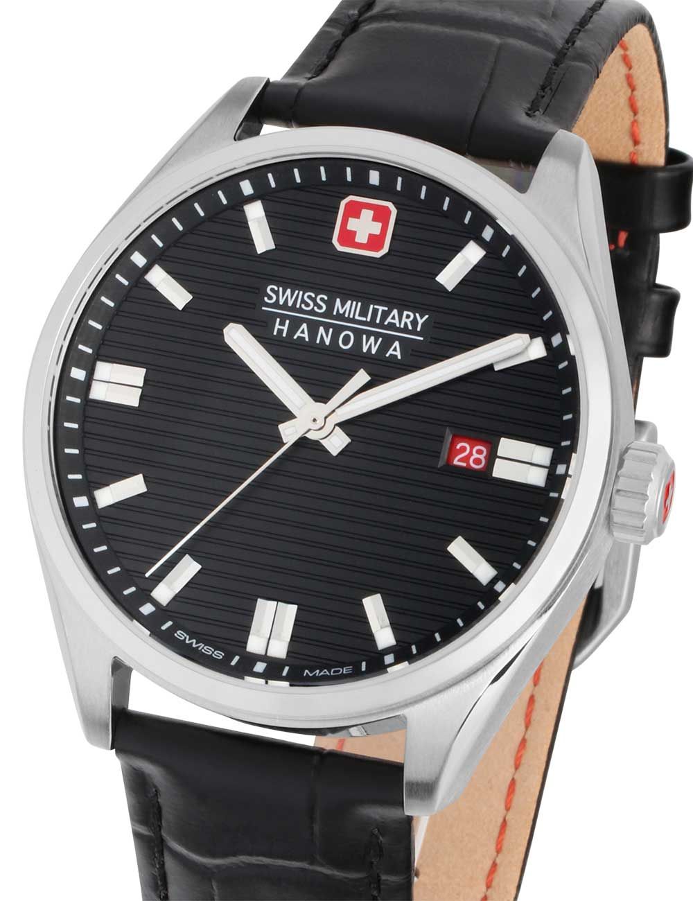 Herrenuhr mit Edelstahlgehäuse, schwarzem Zifferblatt, Datum 28 und Lederband