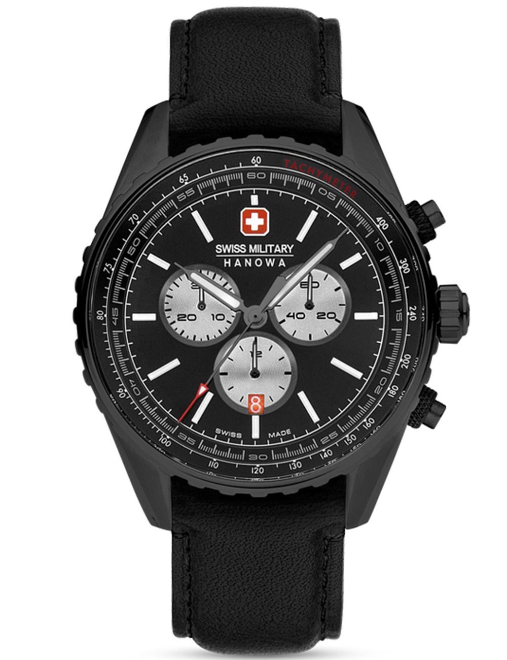 Swiss Military Hanowa Chronograph-Herrenarmbanduhr, schwarzes Lederband, schwarzes Zifferblatt