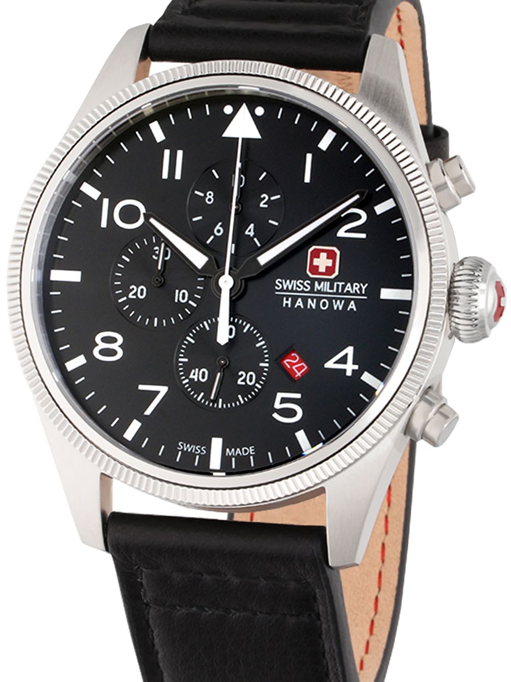 Herren-Chronographenarmbanduhr mit schwarzem Zifferblatt und schwarzem Lederband