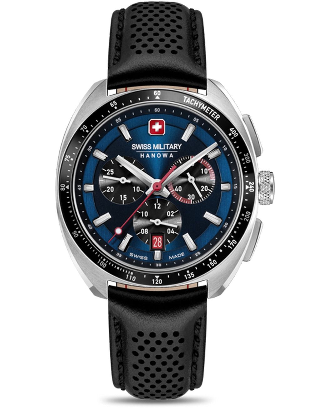 Swiss Military Hanowa Herren-Chronographenuhr mit blau-schwarzem Zifferblatt und schwarzem Lederband