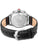 Rückansicht Herren-Chronograph: silbernes Gehäuse, schwarzes Lederarmband mit Schließe