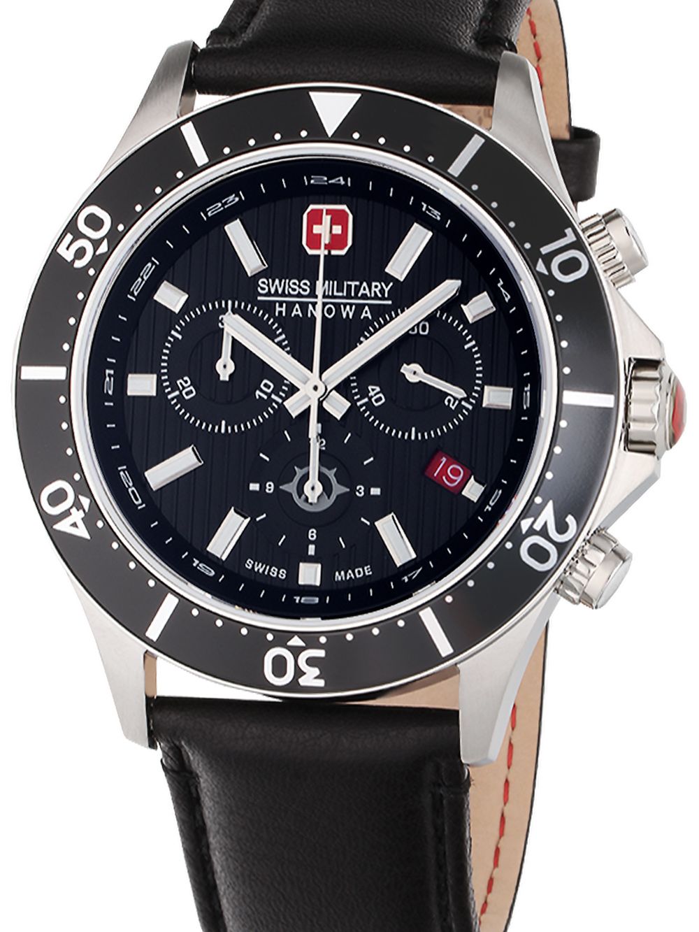 Herrenarmbanduhr mit Chronograph, schwarzem Zifferblatt und schwarzem Lederband