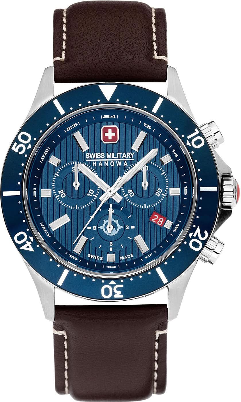 Bracelet de montre pour homme avec cadran bleu, bracelet en cuir marron et chronographe