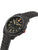 Herrenarmbanduhr mit schwarzem Zifferblatt und schwarzem Metallband, seitlich sichtbarer Drücker