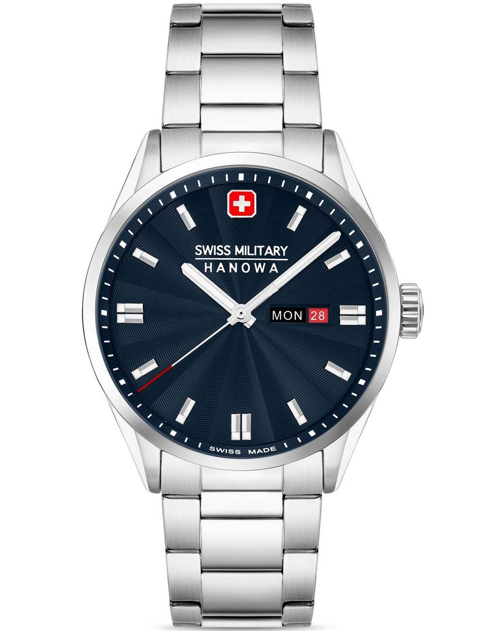 Swiss Military Hanowa Herrenuhr: blaues Zifferblatt, Edelstahlarmband, Datum