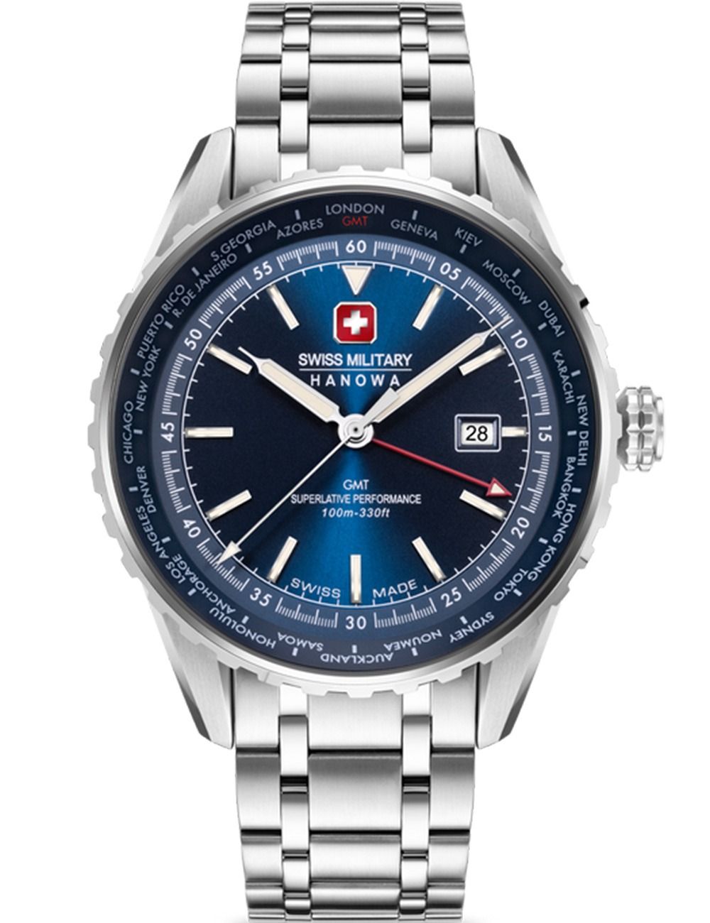 Herrenarmbanduhr mit blauem Zifferblatt, silbernem Metallband und Datumsanzeige bei 28