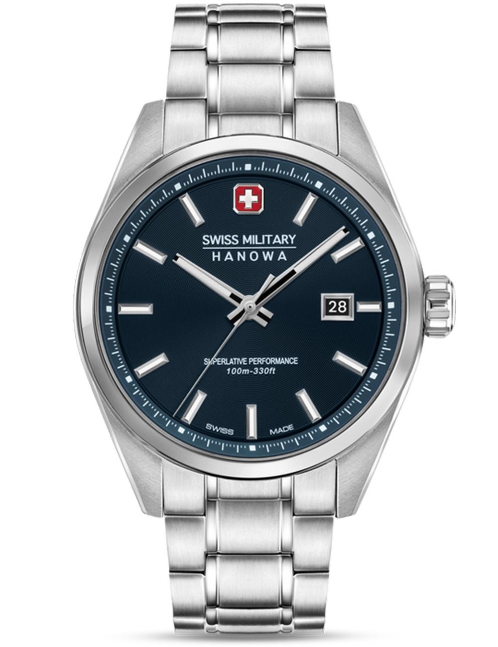 Herrenarmbanduhr Swiss Military Hanowa, blaues Zifferblatt, Edelstahlarmband, Datumsfenster