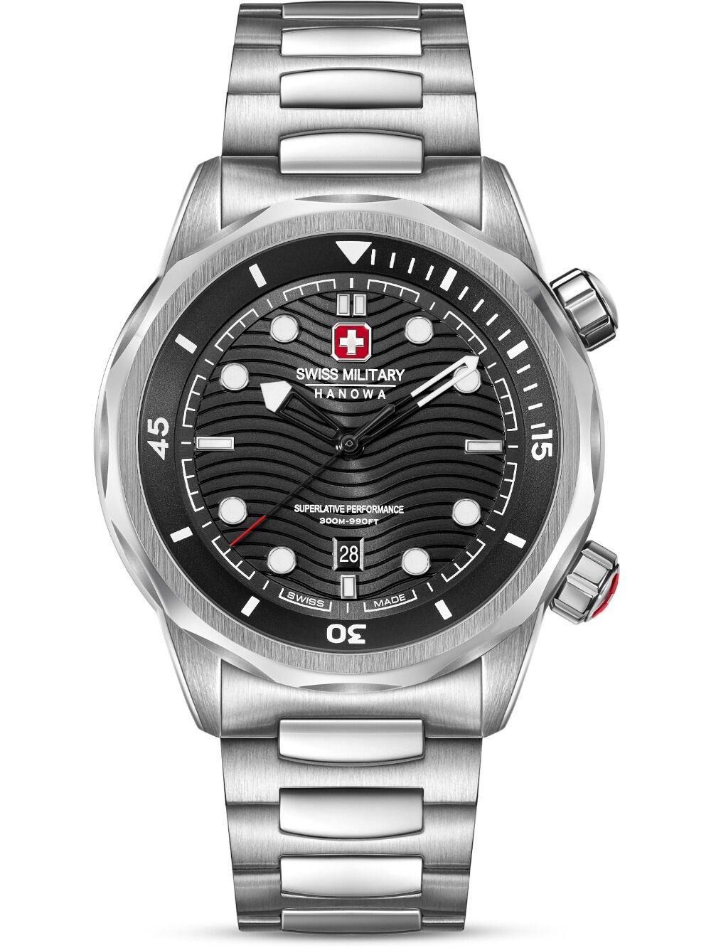 Herrenarmbanduhr Swiss Military Hanowa mit schwarzem Zifferblatt und Edelstahlarmband
