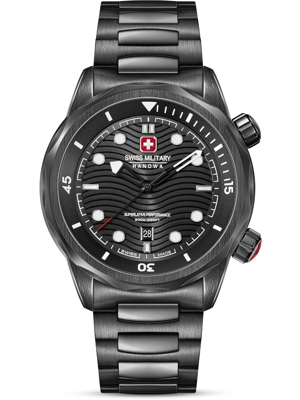 Herrenarmbanduhr Swiss Military Hanowa mit schwarzem Zifferblatt und Metallarmband