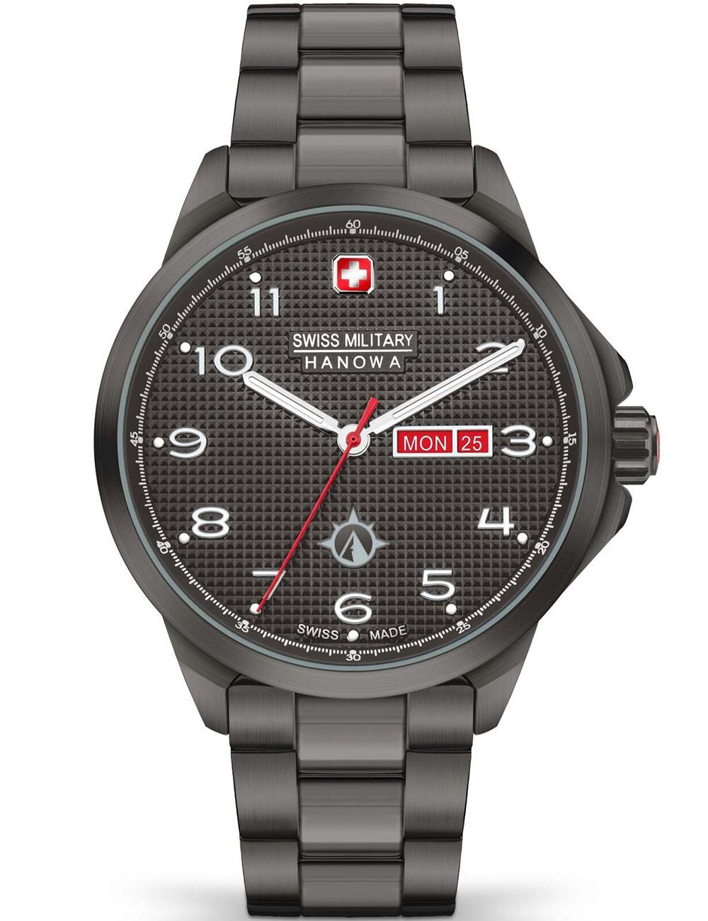 Herrenuhr Swiss Military Hanowa mit schwarzem Zifferblatt, Metallarmband und Datumsanzeige