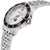 Montre homme de côté : bracelet en métal argenté, cadran noir, couronne avec croix rouge