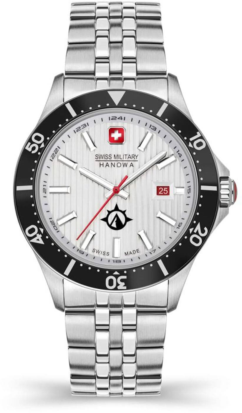 Montre homme avec bracelet en métal argenté, lunette noire et cadran blanc