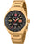 Goldfarbene Herrenarmbanduhr mit schwarzem Zifferblatt, roter Nadel und Datumsanzeige