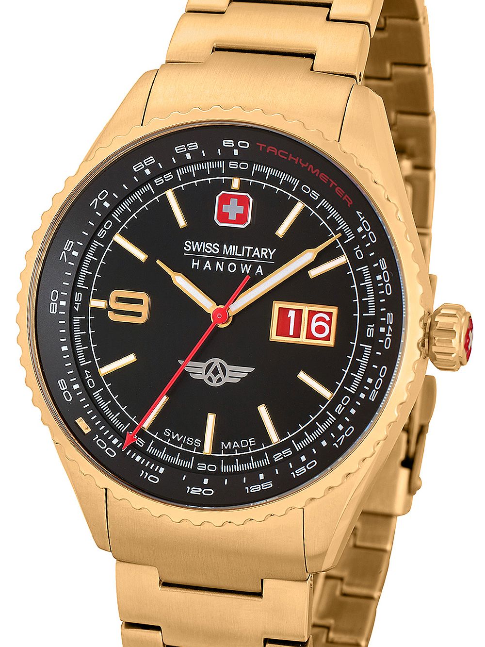 Schwarz-goldene Herrenarmbanduhr mit rotem Tachymeter und Datumsanzeige