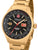 Schwarz-goldene Herrenarmbanduhr mit rotem Tachymeter und Datumsanzeige