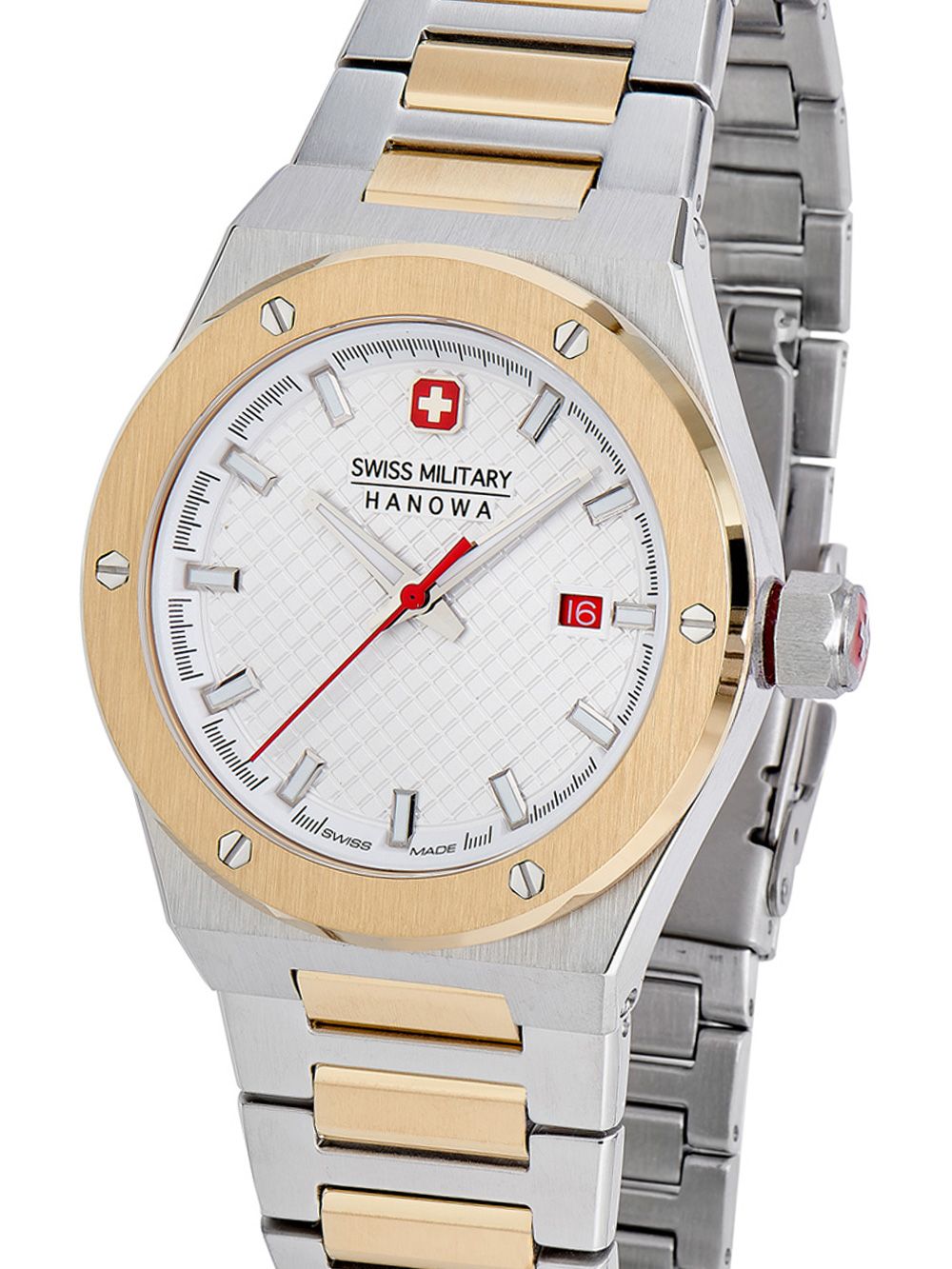 Herren-Armbanduhr mit Edelstahlgehäuse, goldfarbenen Akzenten und weißem Zifferblatt