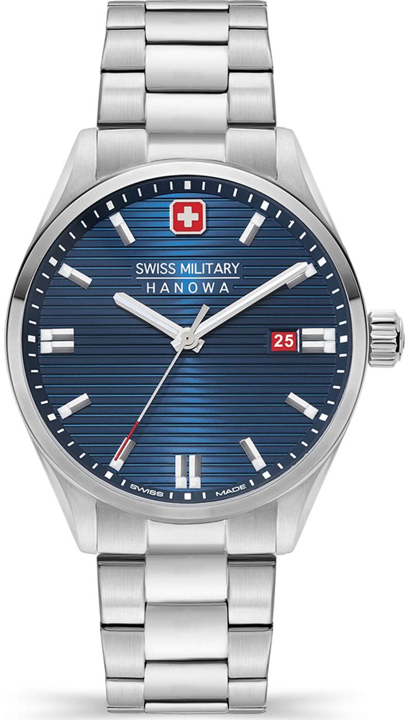 Montre bracelet pour homme avec cadran bleu et bracelet en acier inoxydable argenté, analogique, avec couronne