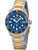 Herrenarmbanduhr mit blauem Zifferblatt und Tauchlünette, Band gold/silber