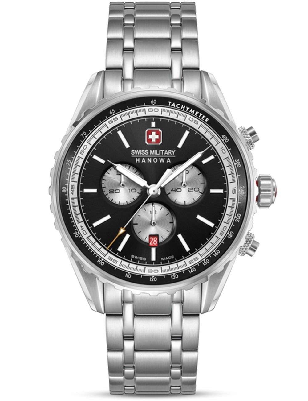 Chronographenarmbanduhr Swiss Military Hanowa mit silberfarbenem Metallband und schwarzem Zifferblatt