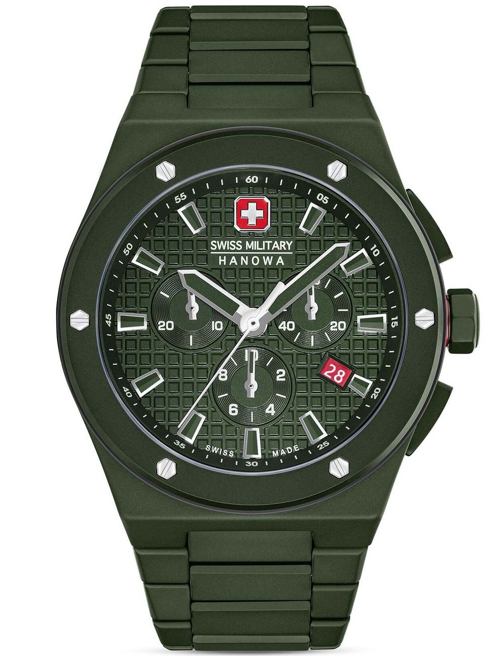 Herrenchronograph Swiss Military Hanowa mit grüner Keramiklünette und Chronografenzifferblatt