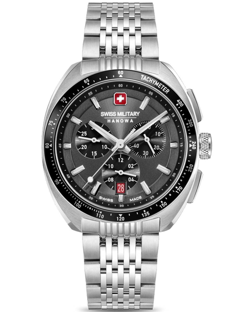Herren-Chronograph Swiss Military Hanowa mit schwarzem Zifferblatt und Edelstahlband