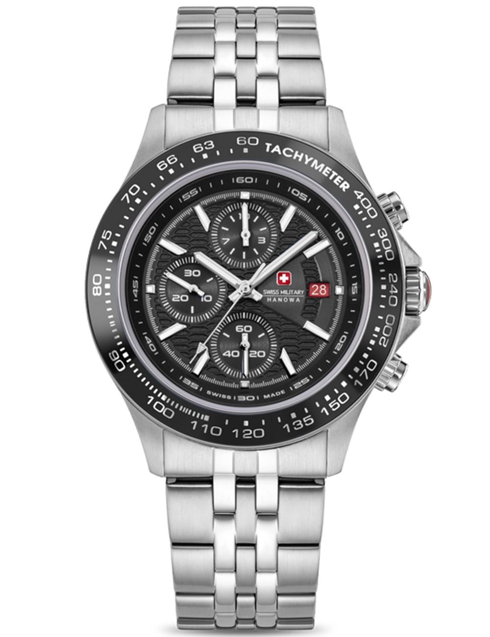 Herren-Chronographenuhr mit schwarzem Zifferblatt, Tachymeter und Edelstahlarmband