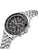 Schrägansicht Herren-Chronographenuhr mit schwarzem Zifferblatt und Edelstahlarmband
