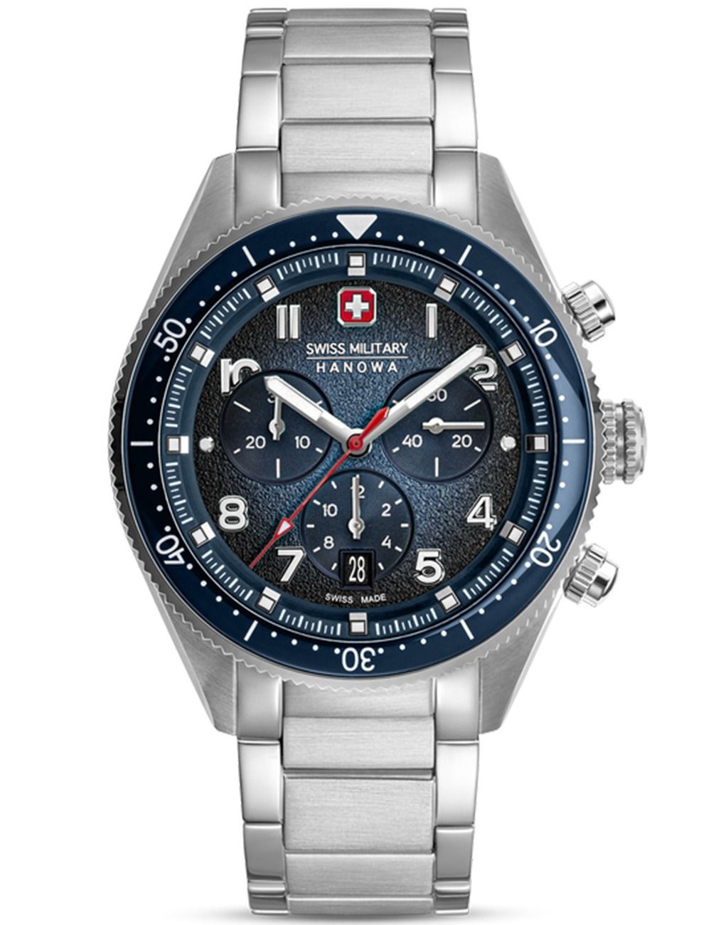 Swiss Military Hanowa Chronographenarmbanduhr mit blauem Zifferblatt, silbernes Metallband
