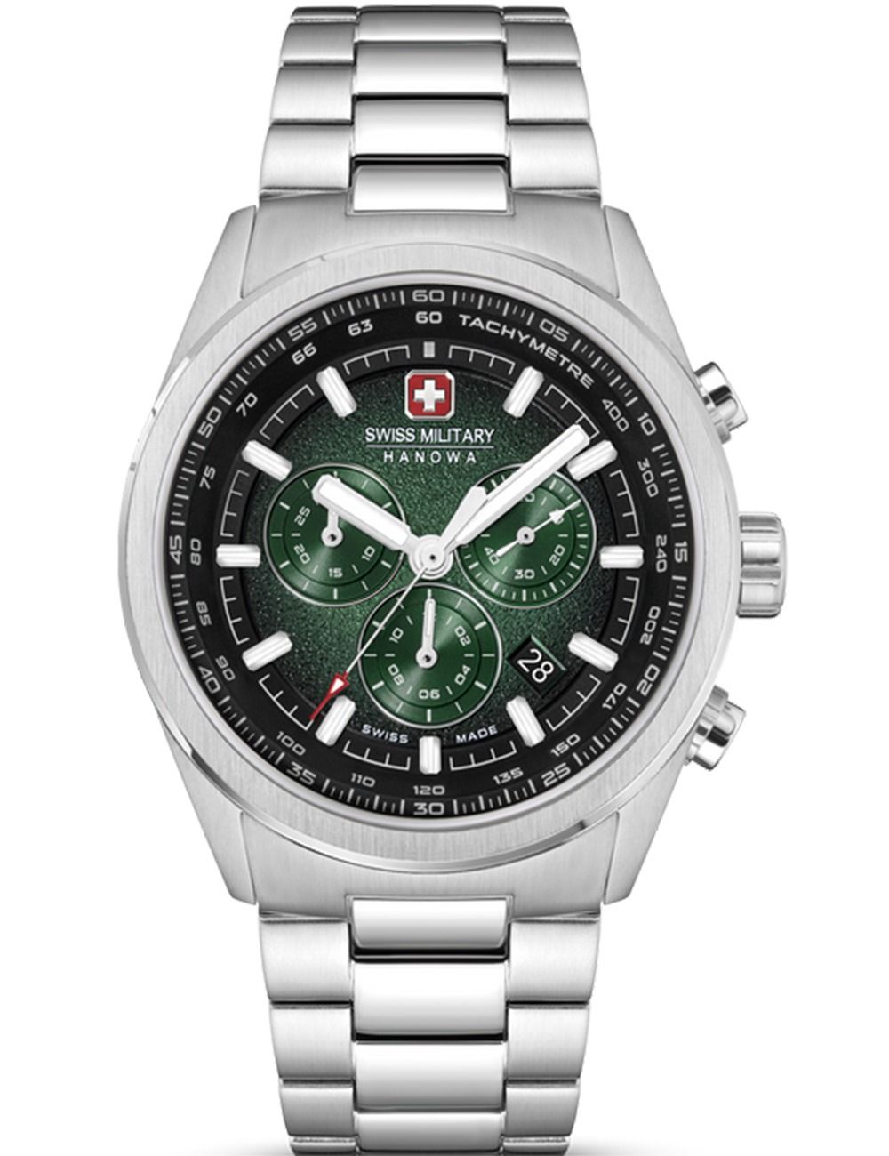 Herren-Chronograph Swiss Military Hanowa mit grünem Zifferblatt und Edelstahlarmband