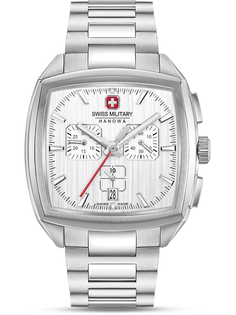 Herren-Chronograph mit Edelstahlarmband, weißem Zifferblatt und roten Chrono-Zeigern